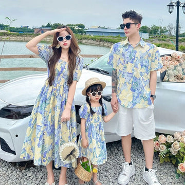 Urlaub Look Familie passende Kleidung Urlaub Mutter Tochter Mädchen Kittel Kleid Papa Sohn Blumen hemden Schwester Bruder Zwillinge Kleidung