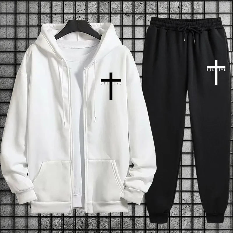 CrosofChrist Herren Hip-Hop Trainingsanzug 2025 N 2-teiliges Outfit Reißverschluss-Hoodie Jogger Urban Streetwear Herbst Winter Mode