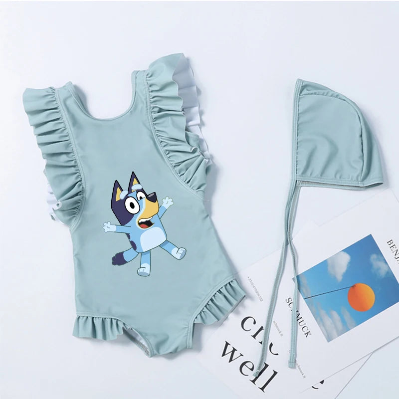 Cartoon Bluey Mädchen Sommer-Badeanzüge Kinder Einteilige & Bikini-Sets mit Badekappe Strandkleidung Bademode für Kinder