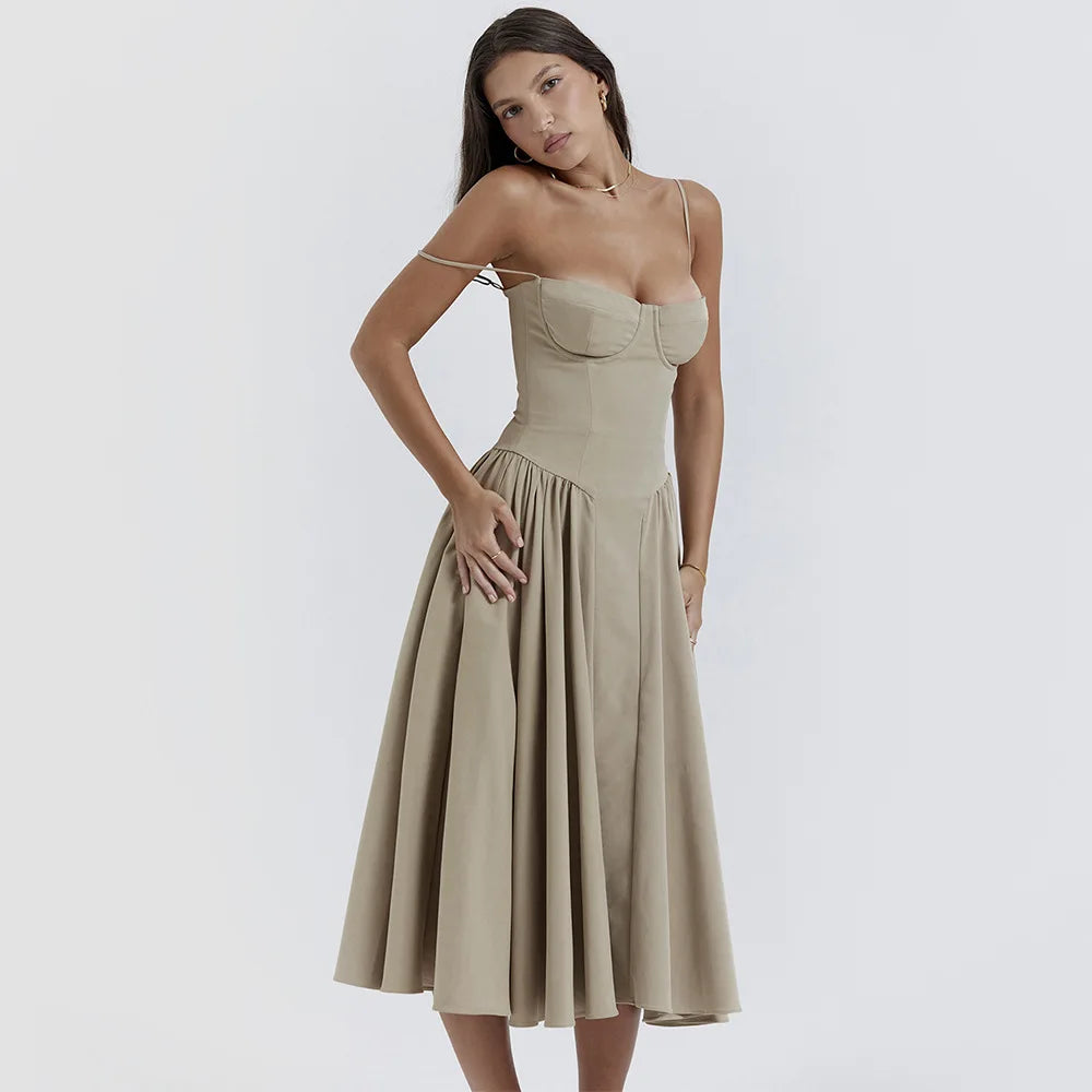 Sommer Frauen elegante ärmellose rücken freie Falten kleider Dame sexy feste Schlinge Midi-Kleid 2024 weibliche Party Abend A-Linie Roben