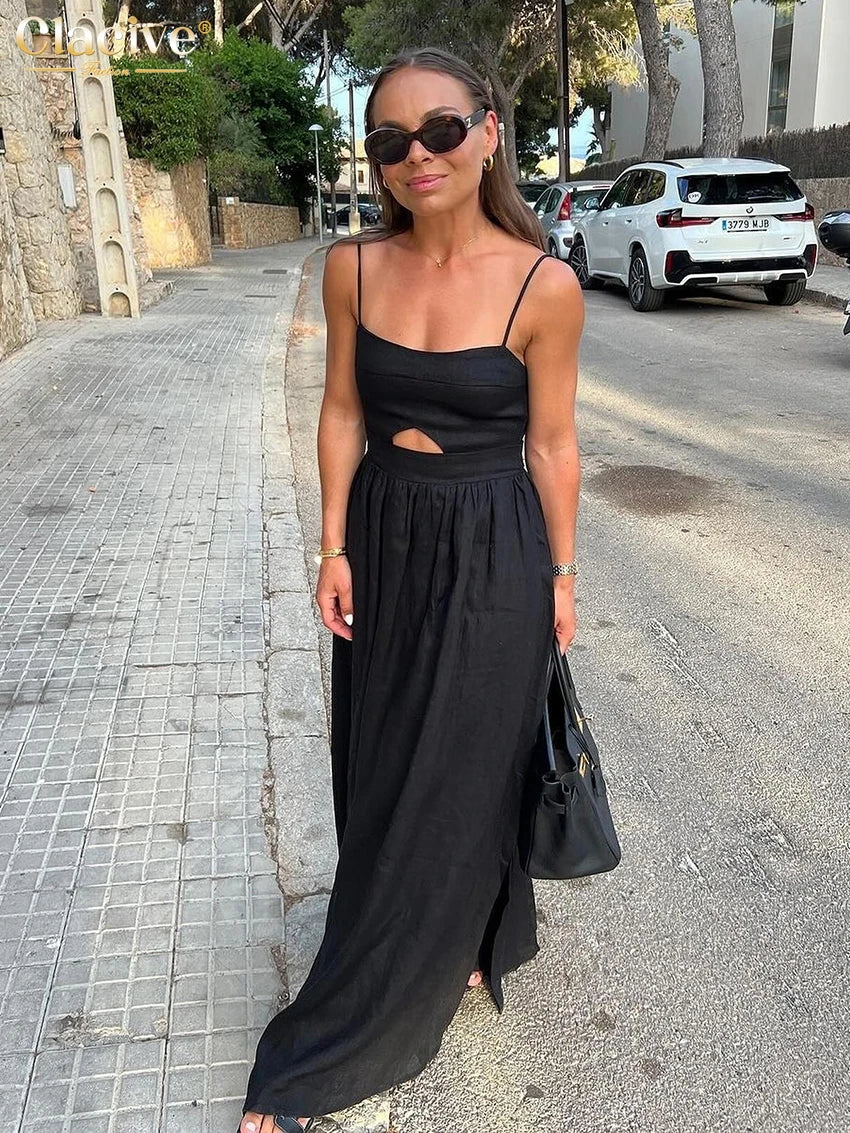 Clacive Sexy Lose Schwarz Baumwolle Damen Kleider 2024 Sommer Strap Ärmellose Knöchel Länge Kleid Elegante Aushöhlen Weibliche Kleid