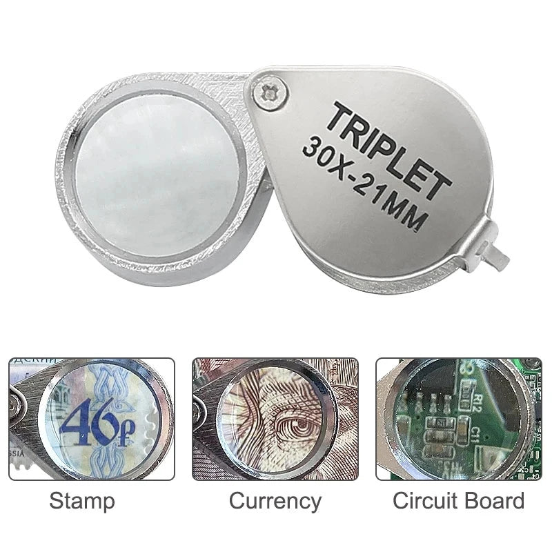 10-30x Pocket Magnifier Magnifying Glass Jewelry Loupe Foldable Diamond Lupa Triplet Jewelers Eye Glass Tool Reading Magnifier