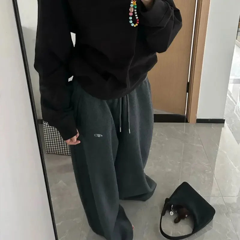 Amerikanischen Retro Hip-Hop Übergroßen Frau Schwarz Casual Jogginghose Koreanische Streetwear Lose Jogging Hosen Hohe Taille Breite Bein Hosen