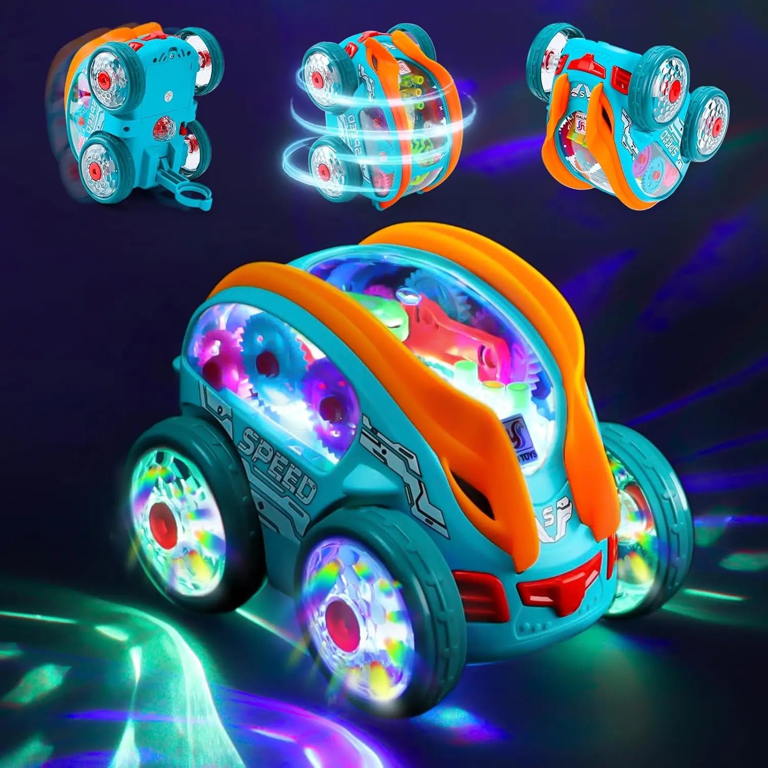 Stunt-Auto für Kinder, drehbares Spielzeugauto mit bunten Lichtern und Musik, elektrisches dynamisches Getriebefahrzeugmodell, Kindergeschenk