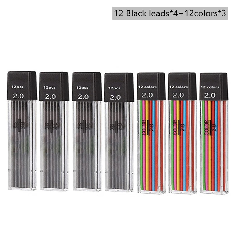 Druckbleistift-Set 2,0 mm mit 2B-Schwarz/Farben-Minenminen zum Schreiben, Skizzieren, Kunst, Zeichnen, Malen, Schule, automatischer Bleistift