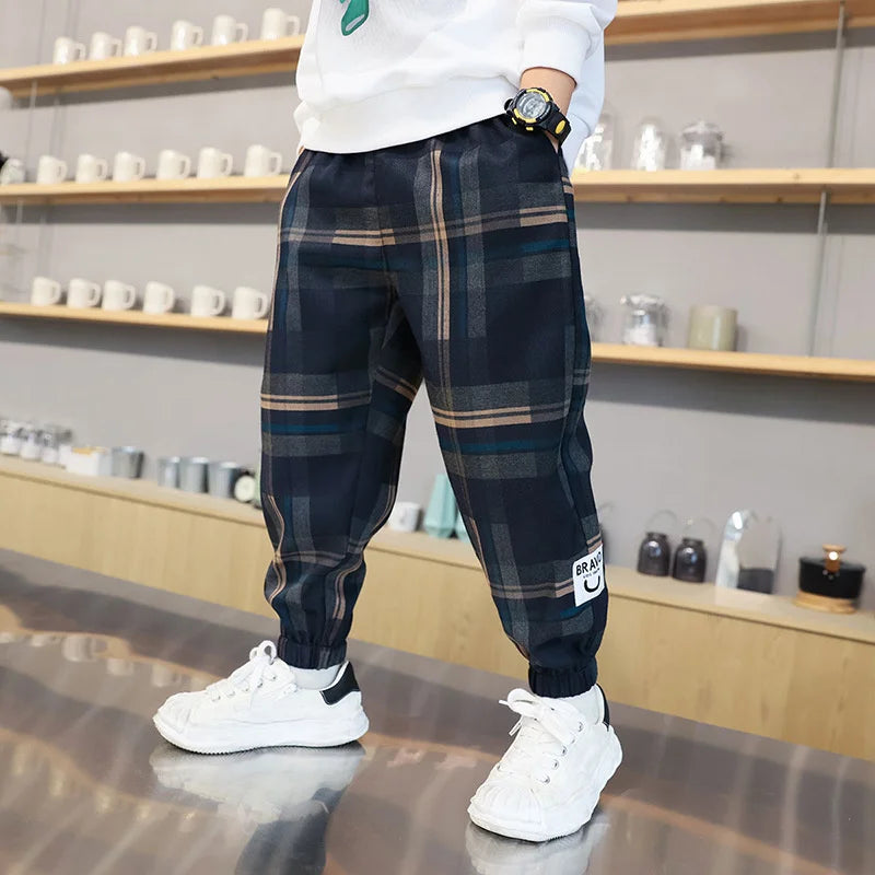 Jungen Dicke Plaid Hosen Frühling Herbst Mädchen Plus Samt Warme Kordelzug Kinder Trend Hosen Mode Teen Sport Casual Hosen 4-12Y