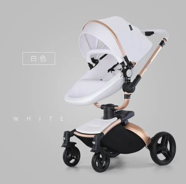 Kinderwagen 3in1 mit abnehmbarem Korb im Autositz. Hochformatige Eierschale aus PU-Leder, Babywagen, Luxuswagen für Babyautos