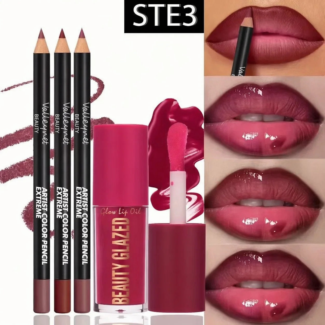 4-teiliges Lippen-Set – 3 Stück Lipliner + 1 Stück Lip Glaze, wasserfest und langanhaltender mattierter Effekt, vielseitig einsetzbar für lässige und formelle Anlässe.