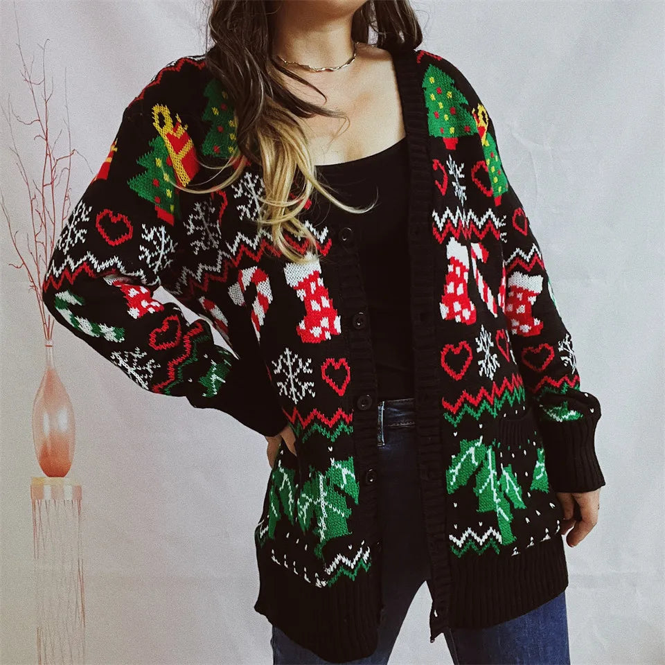 Frauen Herbst Modus 2025 Weihnachten Themed Gedruckt Strickjacke Mit Knöpfen V-ausschnitt Mit Langen ärmeln Pullover Strickjacke Mujer Abbigliamento Donna