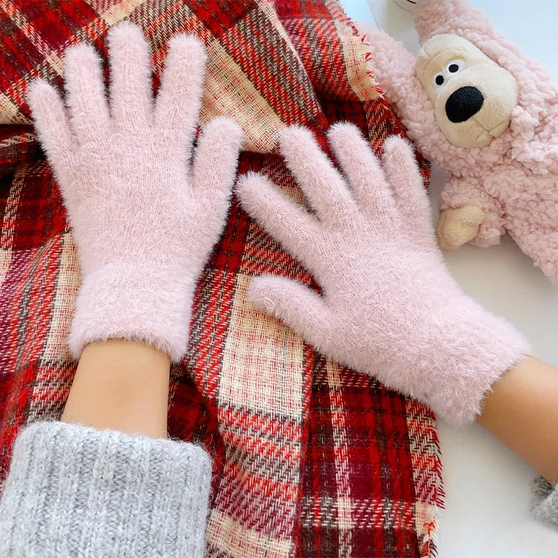 Mode Winter Nerz Samt Fünf Finger Handschuhe Plüsch Warme Kalt-proof Handschuhe Frauen Im Freien Radfahren Einfarbig Wistiti Fäustlinge