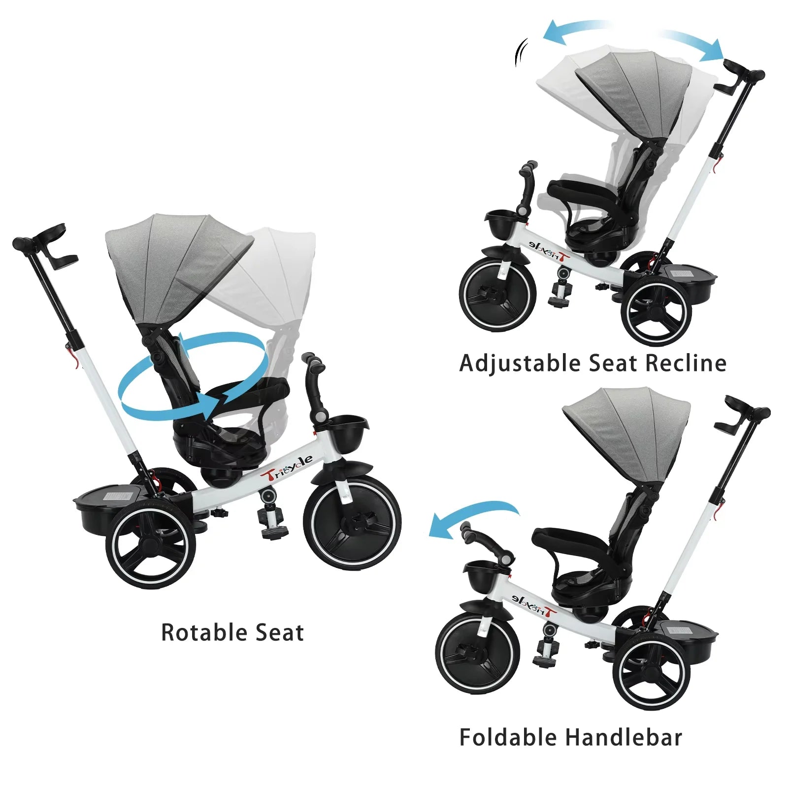 Baby-Dreirad, 6-in-1-Baby-Push-Bike-Lenkwagen, Lern-Fahrrad für Kleinkinder/abnehmbare Geländer, verstellbares Baldachin