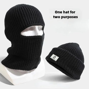 2-in-1 Winter-Maskenmütze Warme Strickmütze Winddichte Einfarbige Vollgesichts-Skimaske Taktische Fahrrad-Ohrenwärmer-Kappe