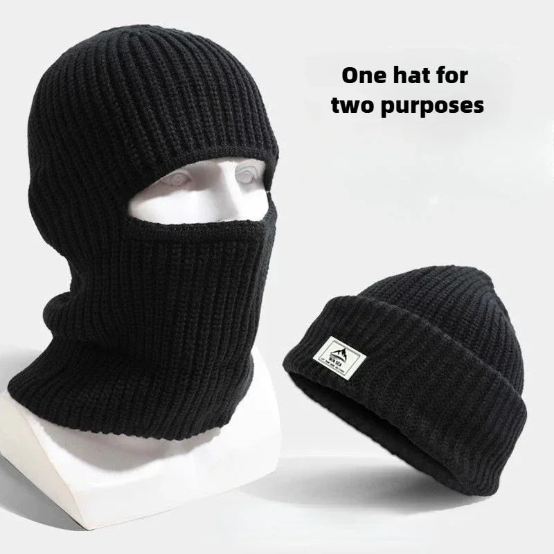 2-in-1 Winter-Maskenmütze Warme Strickmütze Winddichte Einfarbige Vollgesichts-Skimaske Taktische Fahrrad-Ohrenwärmer-Kappe