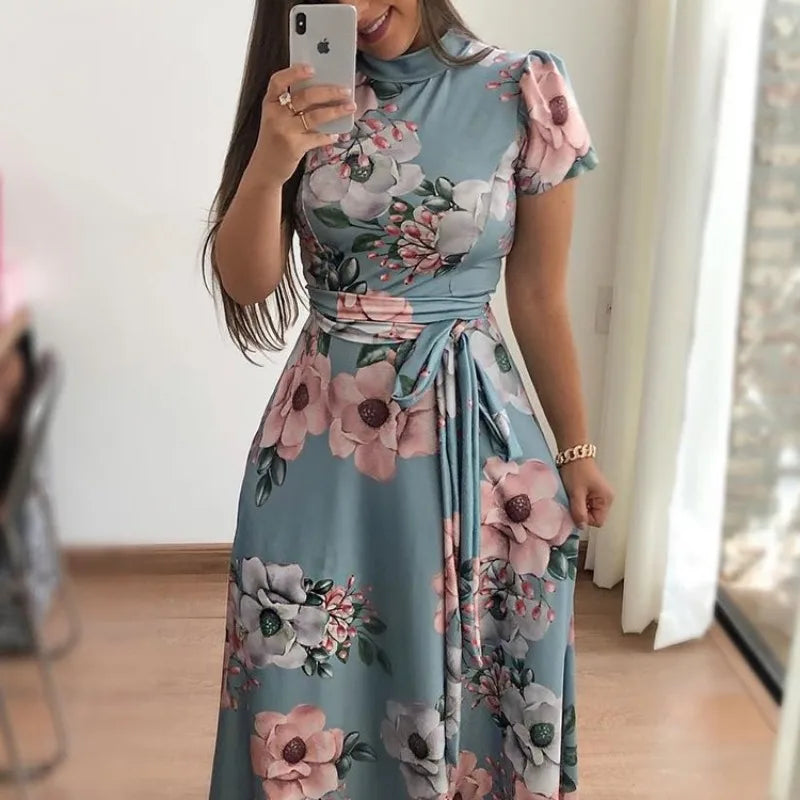 Damen-Kleider, schmal, lässig, langärmelig, Rundhalsausschnitt, Blumenmuster, Kleid, Träger, bodenlang, langer Rock, Damenbekleidung