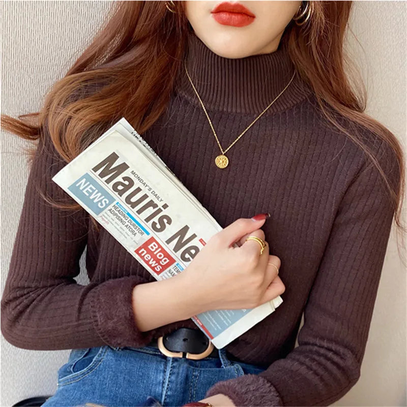 Damen Rollkragenpullover Winter 2026 Retro mit Samtfutter Verdicktes Thermounterhemd Strickpullover