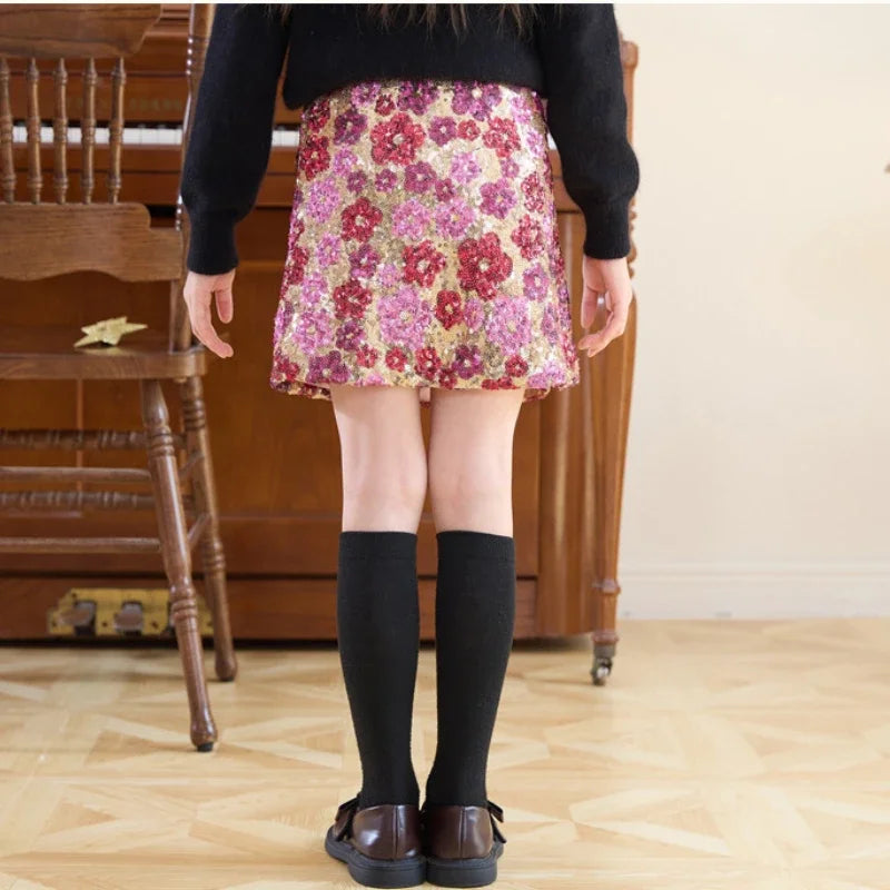 Mädchen Paillettenrock Blumenmode A-Linie Kurzer Rock für Kinder bestickt Elegante Prinzessin Herbst Winter Teen Kinder Kostüme