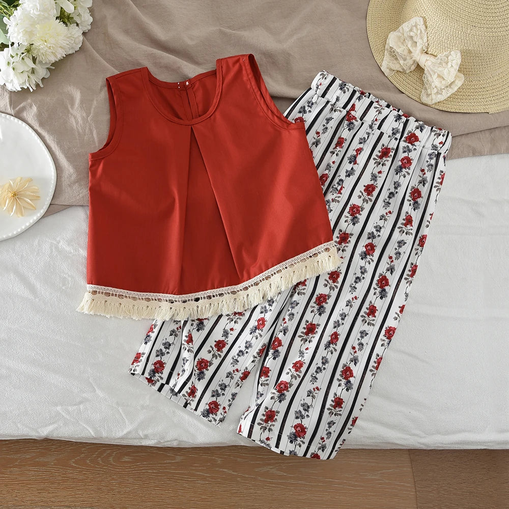 Bear Leader Baby-Mädchen-Freizeitkleidung, Rundhalsausschnitt, ärmelloses Polka-Dot-Oberteil + Hose mit weitem Bein, 2-teiliges Set mit Schleife und Knopf