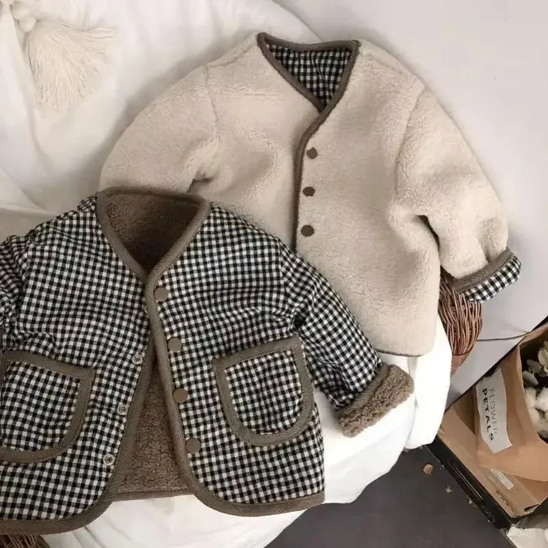 Neue Herbst und Winter Neue Warme Jacke Kinder Zwei Seiten Tragen Plaid Plüsch Jacke Kinder Jacken Winter Kleidung für Mädchen