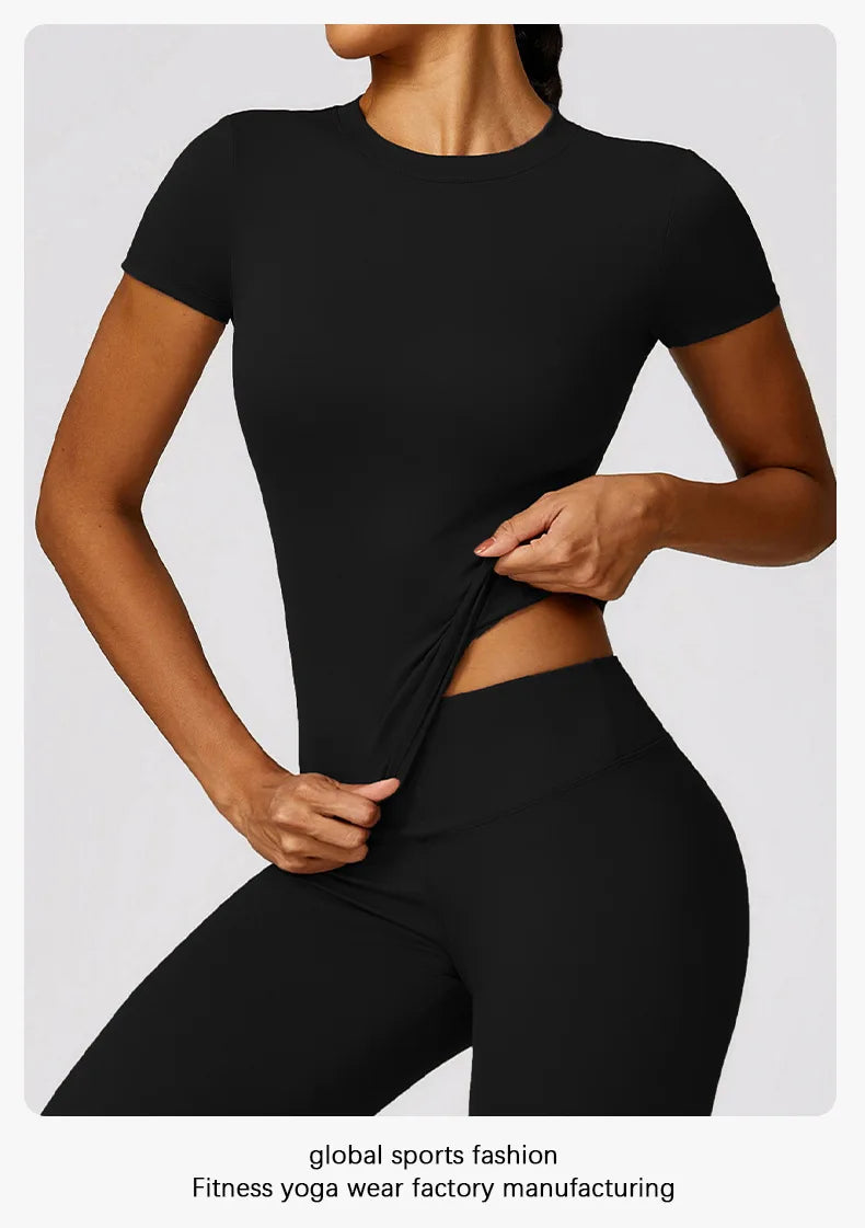 Damen-Sport-T-Shirt, Sommer, kurzärmelig, Laufen, Rundhalsausschnitt, atmungsaktiv, dehnbar, Fitnessstudio, Yoga, schlank, Fitness, aktives Top-T-Shirt