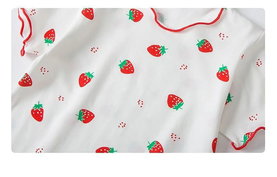 Erdbeer-Pyjama-Set für Babymädchen, Sommer, kurzärmelig, dünn, zweiteilig, Kleinkinder-Schlafanzug, Baby-Heimkleidung