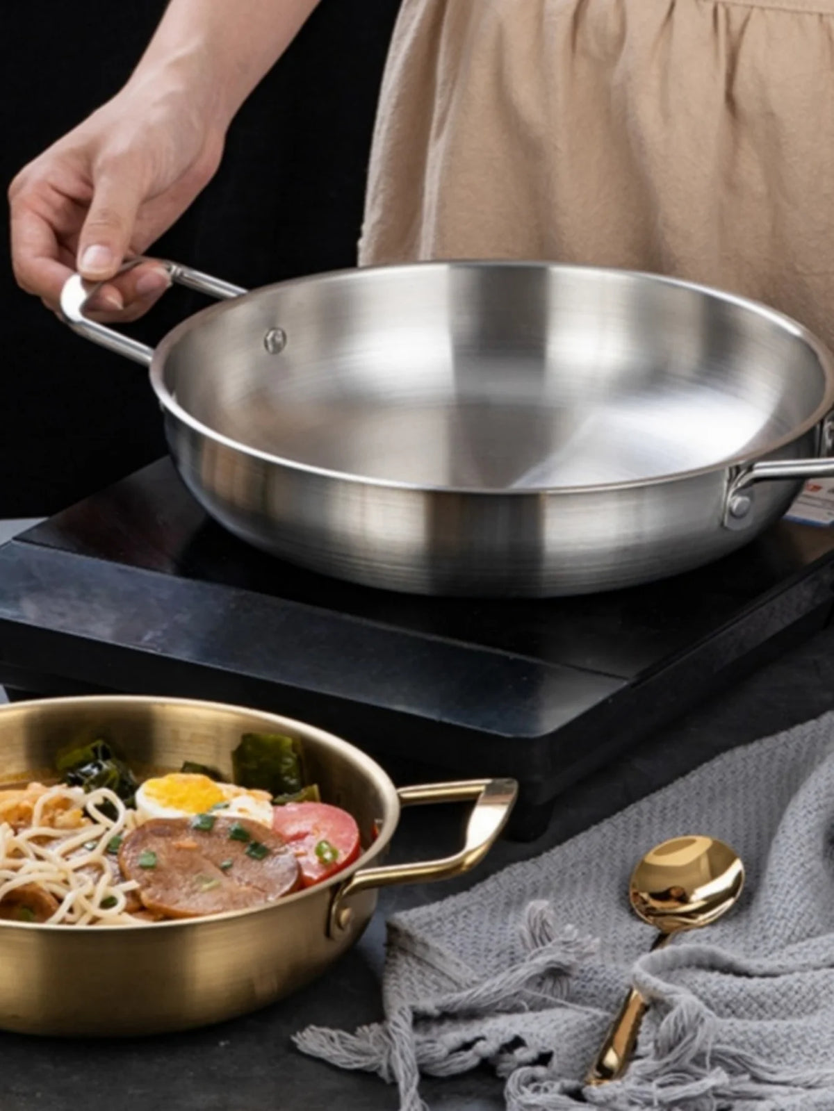 Edelstahl-Kochgeschirr, Topf, trockene Töpfe mit Griff, zum Kochen zu Hause, Paella-Pfanne, Meeresfrüchte, Reistopf, Picknick-Snack-Teller