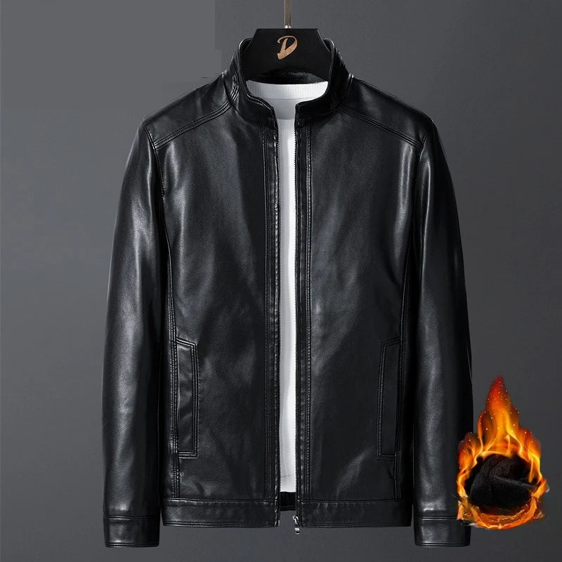 Verdickte Fleece-gefütterte Stehkragen Herren-Lederjacke Winter warmer Mantel für Papa und Opa PU-Leder City Style Casual Outwe