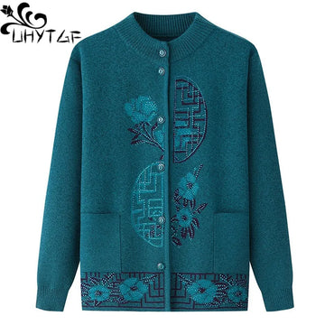 2025 Oma Pullover Frauen Frühling Herbst Pullover Mantel Mutter Strickjacke Für Frau Samt Strickwaren Weibliche Kleidung 5XL 2898