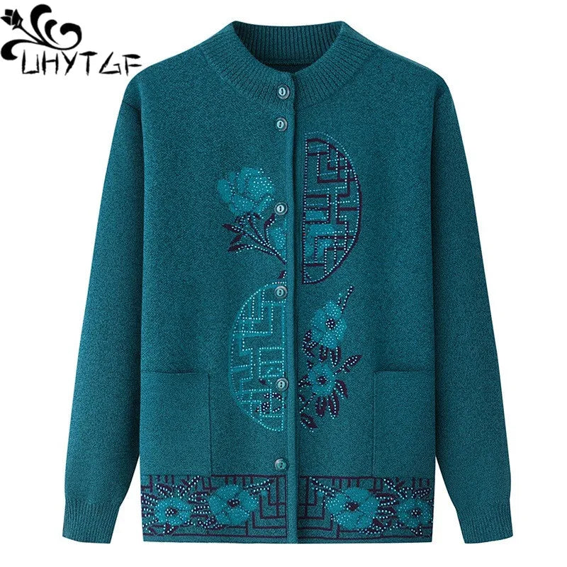 2025 Oma Pullover Frauen Frühling Herbst Pullover Mantel Mutter Strickjacke Für Frau Samt Strickwaren Weibliche Kleidung 5XL 2898