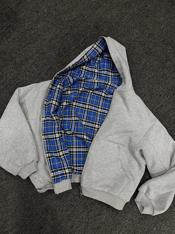 Winter Casual Karierter Hoodie für Damen, Warmer Reißverschluss-Sweatshirt, Beidseitig Tragbar, Modisch Trendy, Locker Geschnittener Kapuzenpullover