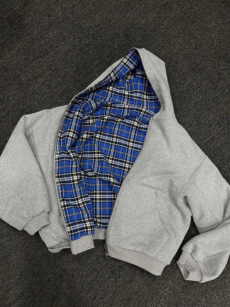 Winter Casual Karierter Hoodie für Damen, Warmer Reißverschluss-Sweatshirt, Beidseitig Tragbar, Modisch Trendy, Locker Geschnittener Kapuzenpullover