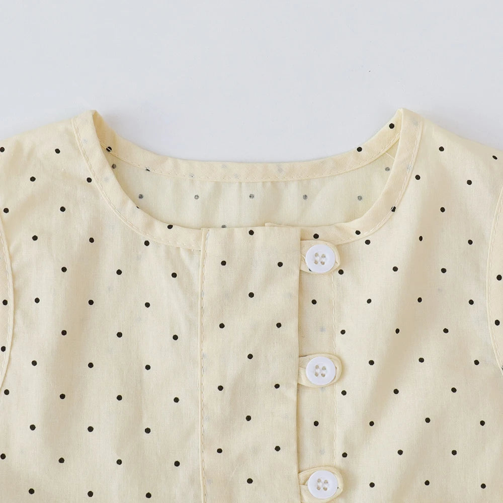 Bear Leader Baby-Mädchen-Freizeitkleidung, Rundhalsausschnitt, ärmelloses Polka-Dot-Oberteil + Hose mit weitem Bein, 2-teiliges Set mit Schleife und Knopf
