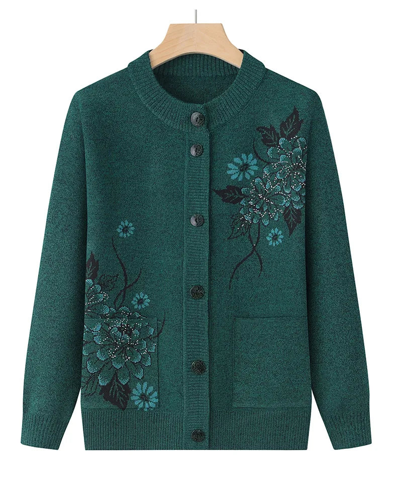 Koreanische frauen Kleidung Neue Stricken Woolen Gedruckt Strickjacke Mantel Mittleren Alters Mutter Strickwaren Tops Vintage Oma Pullover Jacke