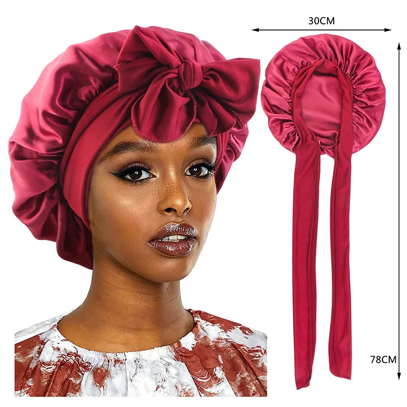 Neue Satin Schlafmütze Für Frauen Feste Breite Band Stretch Kopf Krawatte Seidige Motorhaube Rand Wrap Schlummertrunk Haarpflege Dusche Kopf Abdeckung