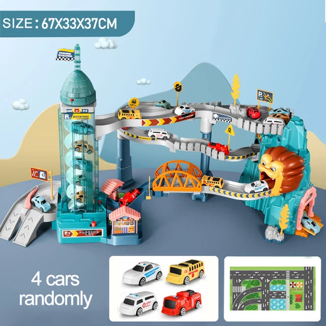 Elektrische Schienenauto Dinosaurier Gebäude Parkplatz Abenteuer Racing Schienenauto Spielzeug Kinder Gehirn Mechanische Interaktive Schienenautos