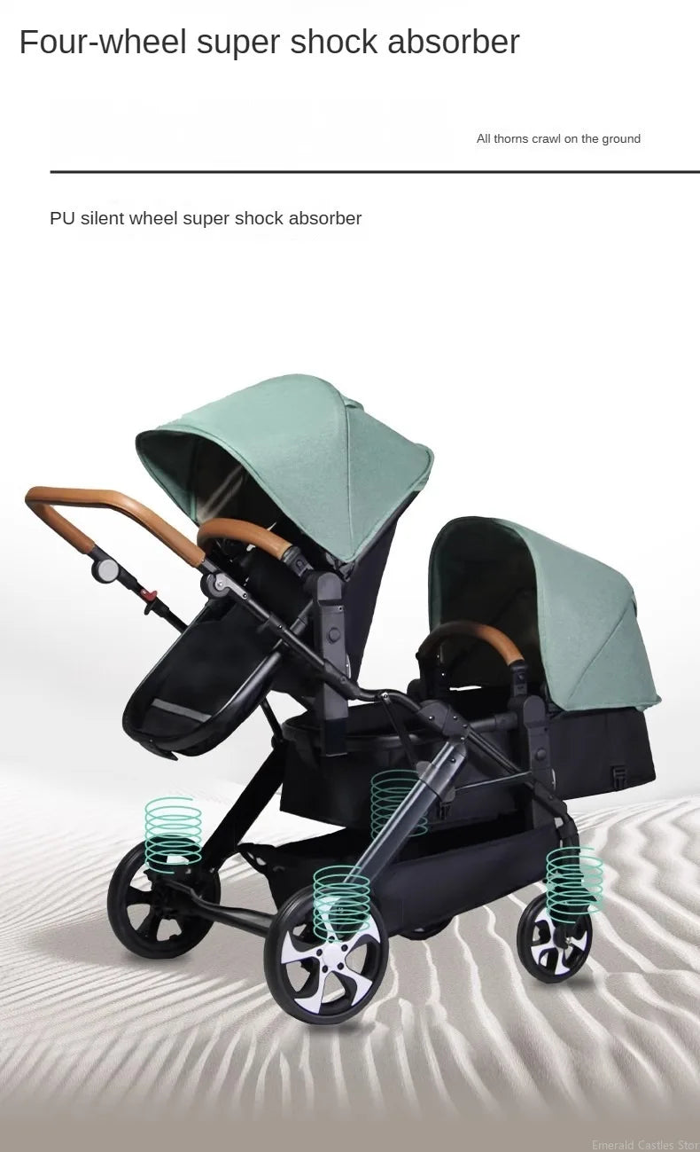3-in-1-Zwillings-Kinderwagen mit Autositz für zwei Kinder, faltbar, stoßdämpfender Kinderwagen mit hoher Landschaft