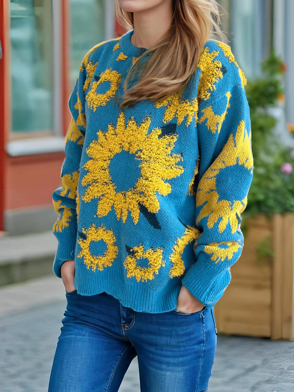 Damen Herbst Pullover Damen Mode Rundhalspullover mit Blumendruck, vielseitig einsetzbar für Herbst und Winter Herbst Pullover Damen