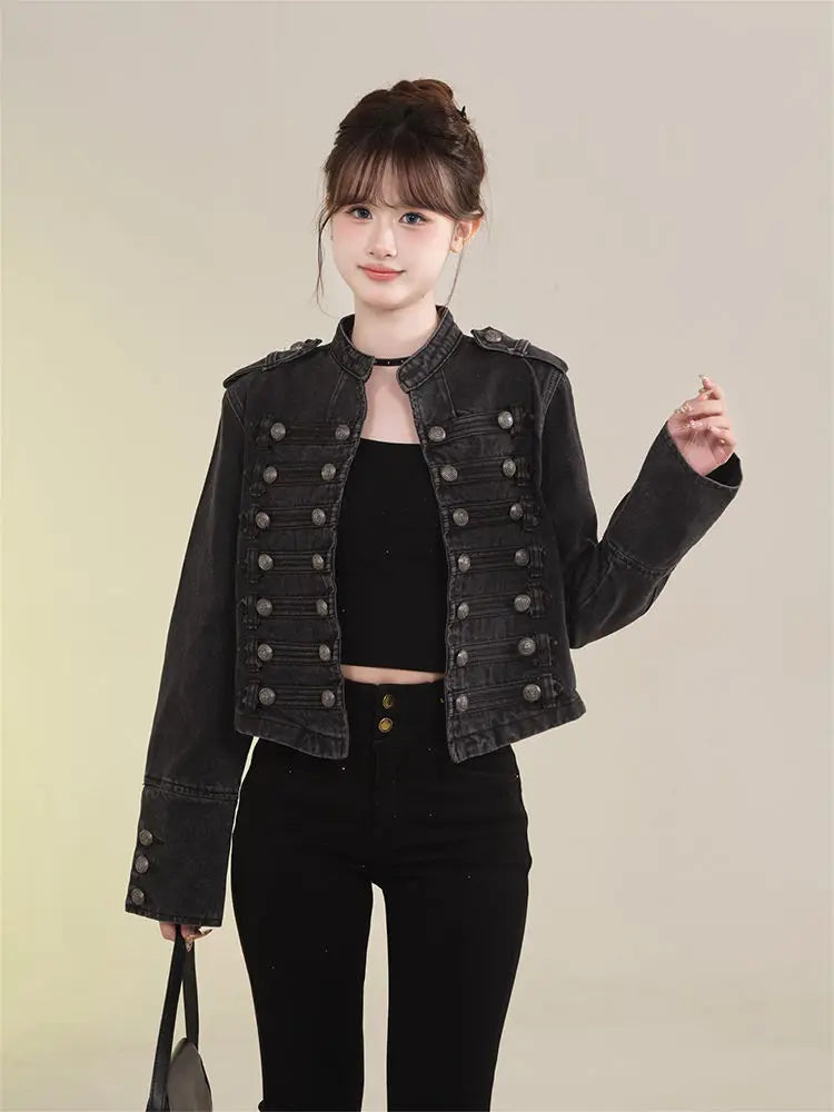 Damenbekleidung Kurzmantel Neue Jeansjacke Retro-Knopfdesign Schlanker Stehkragen Lange Ärmel Jeansoberteil Jacke Kurzmantel