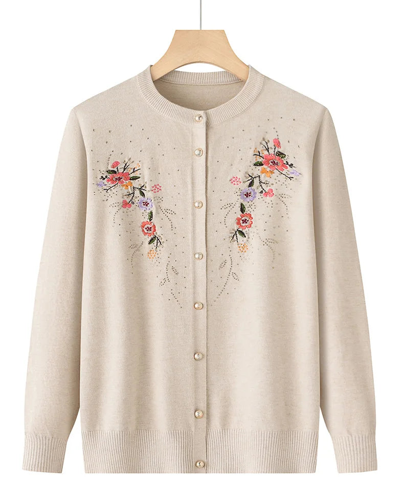 Mittleren Alters und ältere Frauen Stickerei Strickjacke Jacke einreiher schlanke Pullover Mantel dünne Frühling Oma Kleidung