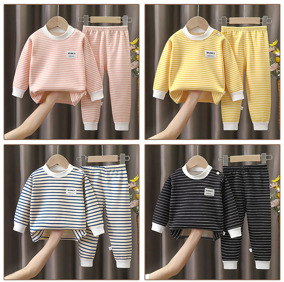 Warmes Baby-Kleidungsset mit Fleece-Futter für Kinder, Jungen und Mädchen, gestreifte Unterwäsche, Nachtwäsche-Set, ideal für Zuhause, Pyjamas, Herbst und Winter