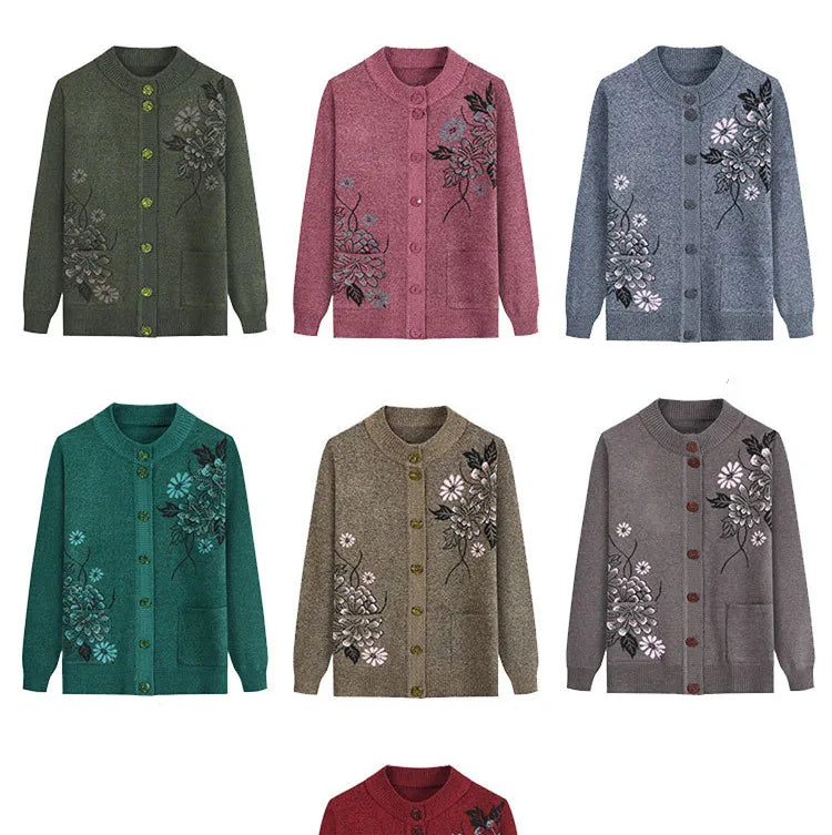 Neue Druck Mittleren Alters Mutter der Frühling Herbst Langarm Pullover Frauen Gestrickte Bodenbildung Shirt Wolle Winter Oma Strickjacke