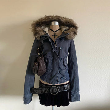 Braune Damen Slim Fit Vintage Pelzkragen Jacke Reißverschluss Kpop Y2K High Street Chic Oberbekleidung für Frauen Teenager, Herbst Winter Geschenk