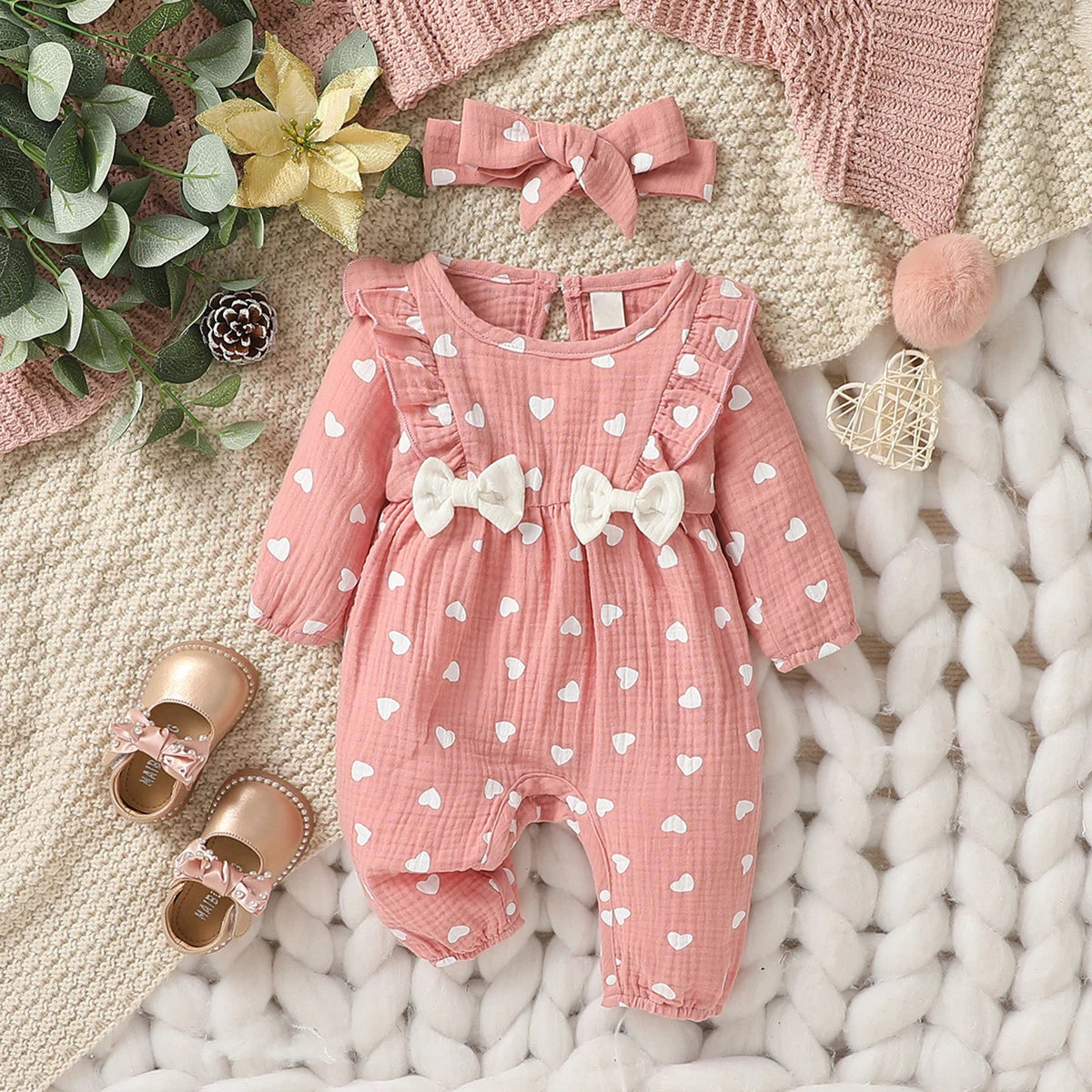 Baby Mädchen Sommer Langarm Druck Liebe mit Schleife für lässigen täglichen Baumwolloverall