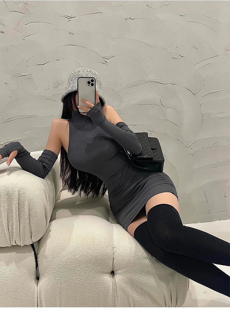 Sommer Sexy High Neck Enges Kleid Oversleeve Plissee Unten Eingewickelt Hüfte Kleid Frauen Bodycon