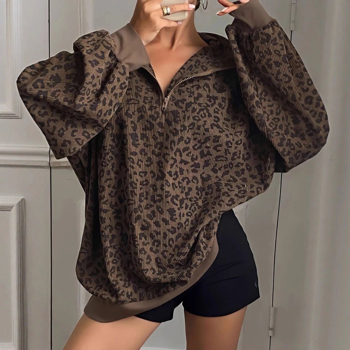 Damen Stehkragen Leopardenmuster Half Zip Mode Pullover Langarm Sweatshirt Herbst Winter Sudaderas Herbst Pullover Damen