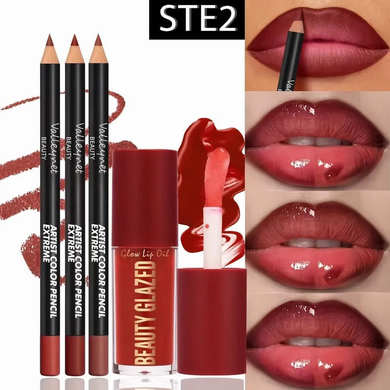 4-teiliges Lippen-Set – 3 Stück Lipliner + 1 Stück Lip Glaze, wasserfest und langanhaltender mattierter Effekt, vielseitig einsetzbar für lässige und formelle Anlässe.