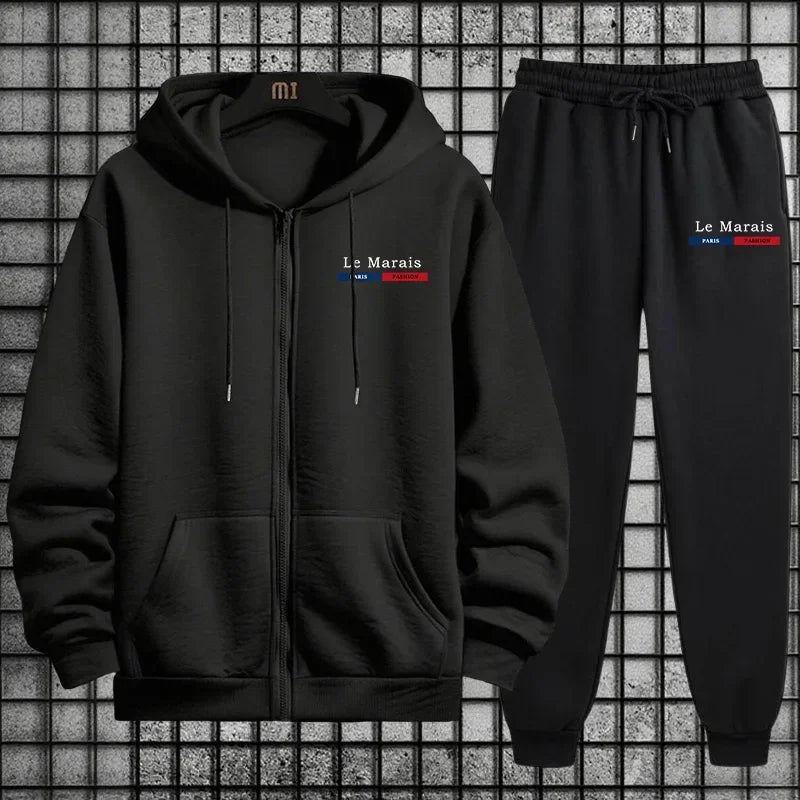 Herbst Winter Sportlicher Stil Paris Le Marais Print Herren Trainingsanzug Set 2-teilig Hoodie mit Jogginghose Urban Streetwear Outfit