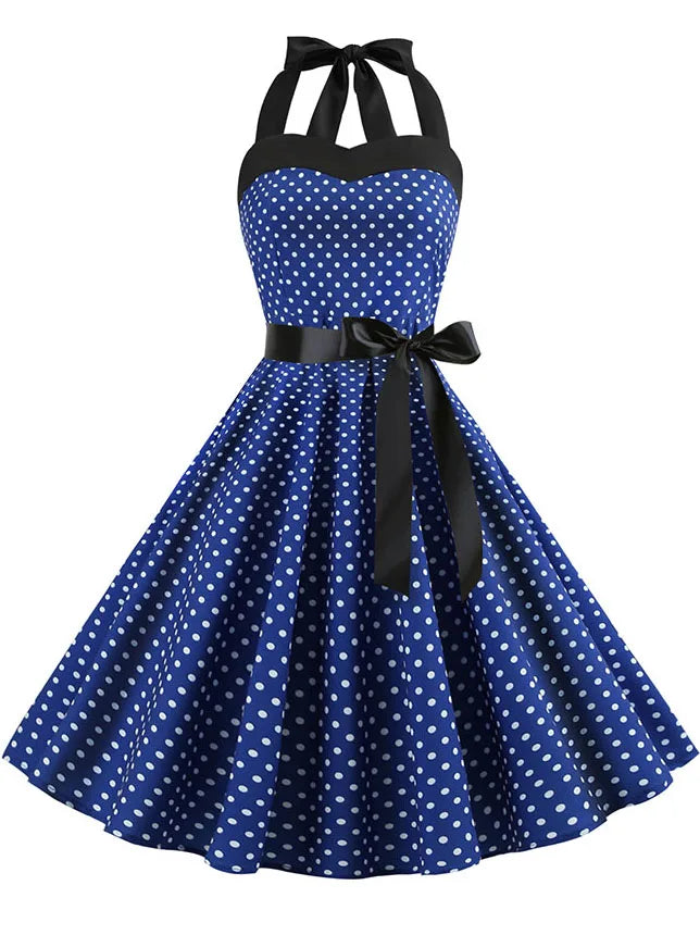 Frauen Polka Dot Print Sommer Kleid Sexy Retro Weiß Halter Vintage Kleid Robe Femme Pin Up Rockabilly Party Kleid