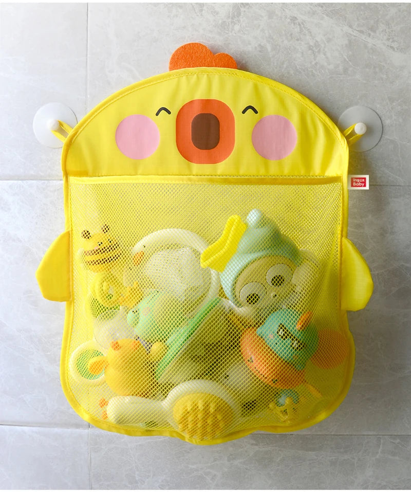 QWZ Neue Cartoon Ente Baby Badezimmer Mesh Tasche Sucker Design Für Bad Spielzeug Kinder Tier Formen Tuch Sand Spielzeug Lagerung Net Tasche