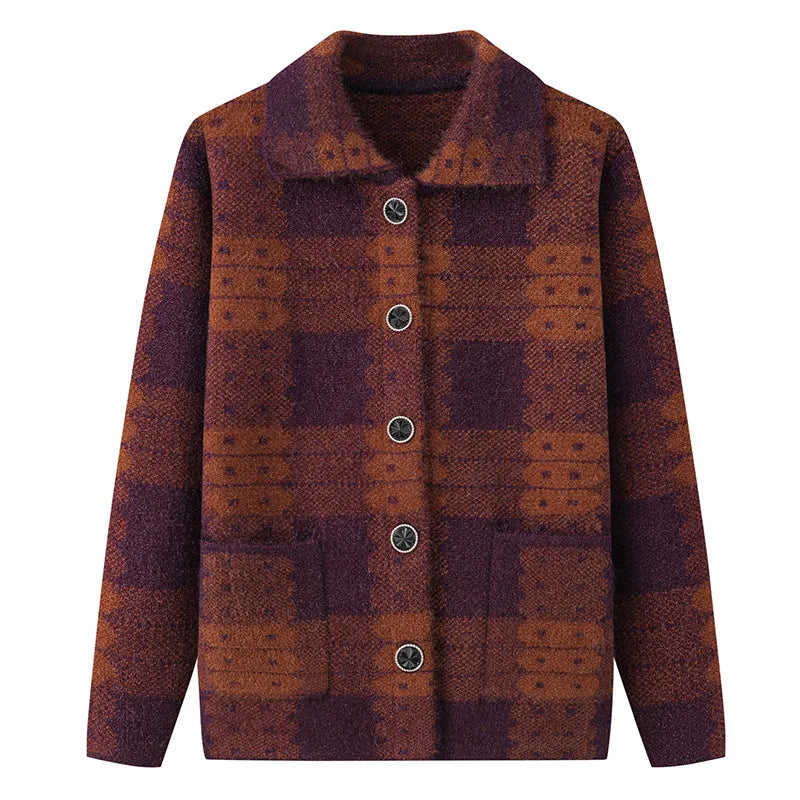 Casual Plaid Herbst Winter Kleidung Mittleren Alters Mutter Pullover Strickwaren Tops Verdicken Oma Warm Woolen Mantel Frauen Strickjacke