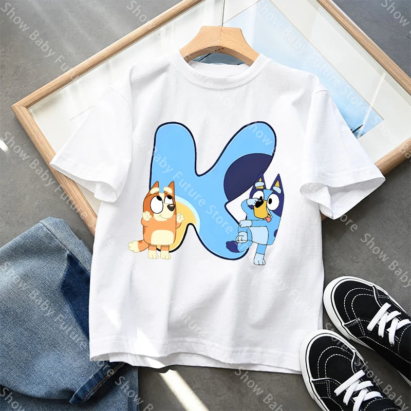 Blueys T-Shirt für Jungen und Mädchen, Cartoon-Buchstaben A-Z, Namenskleidung, Oberteile, Sommer, atmungsaktiv, niedliches Anime-Kurzarmshirt, neue Geburtstagsgeschenke